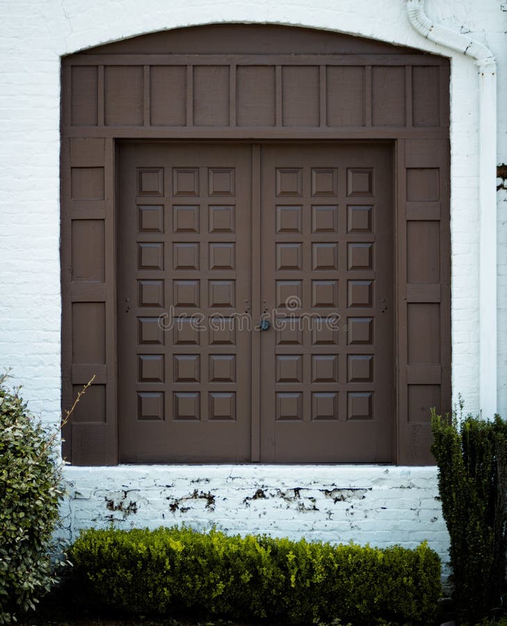 Frontal View of a Brown Modern Door on a White Wall and Bushes in the Foreground Stock Image