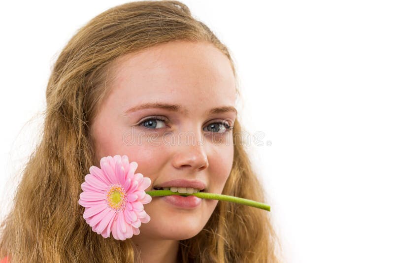 Fronte della ragazza con il fiore nella sua bocca fotografia stock Fronte della ragazza con il fiore nella sua bocca fotografia stock