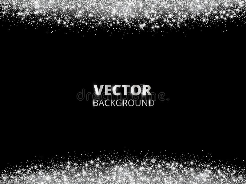 Sparkling glitter border, frame. Falling silver dust on black background. Vector white glittering decoration. For wedding invitations, party posters, Christmas, New Year and birthday cards. Sparkling glitter border, frame. Falling silver dust on black background. Vector white glittering decoration. For wedding invitations, party posters, Christmas, New Year and birthday cards.