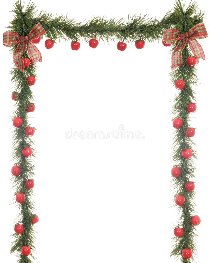 A 3-sided Christmas border composed of evergreens, apples and bows on a white background. A 3-sided Christmas border composed of evergreens, apples and bows on a white background.