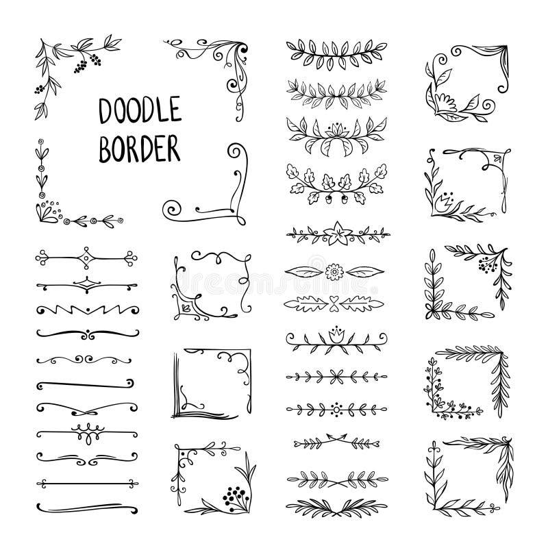 Doodle border. Flower ornament frame, hand drawn decorative corner elements, floral sketch pattern. Vector doodle frame elements. Doodle border. Flower ornament frame, hand drawn decorative corner elements, floral sketch pattern. Vector doodle frame elements