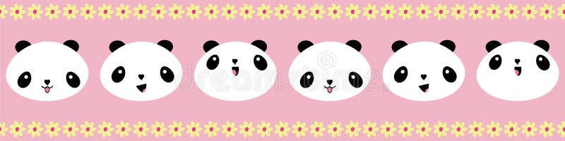 Frontera feliz de las pandas del estilo lindo de Kawaii con el ribete amarillo de la flor Modelo geométrico inconsútil del vector libre illustration Frontera feliz de las pandas del estilo lindo de Kawaii con el ribete amarillo de la flor Modelo geométrico inconsútil del vector libre illustration