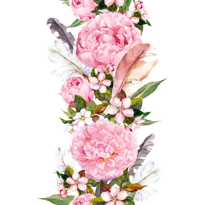 Frontera floral con las plumas rosadas de las flores, de la flor de cerezo y de pájaro de la peonía Raya inconsútil del vintage e stock de ilustración Frontera floral con las plumas rosadas de las flores, de la flor de cerezo y de pájaro de la peonía Raya inconsútil del vintage e stock de ilustración