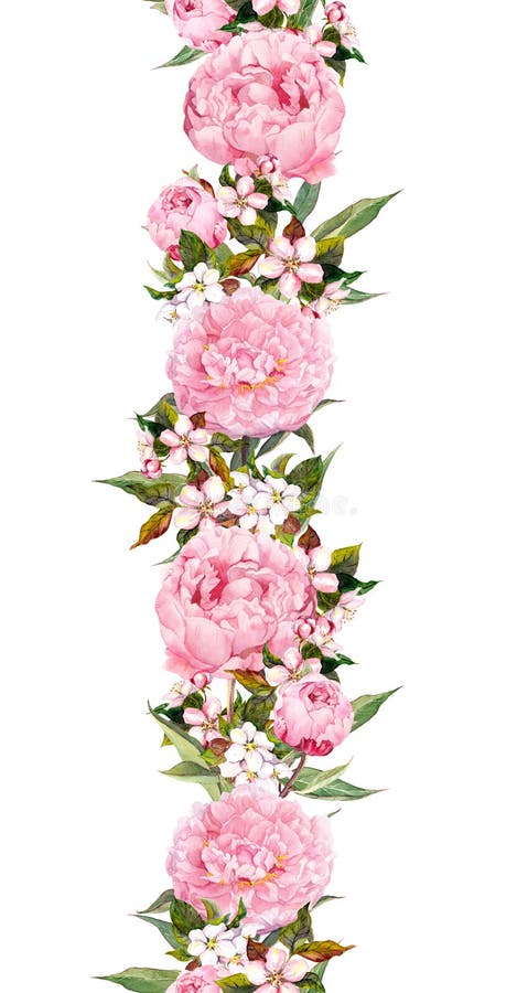 Frontera floral - flores de la peonía y de la flor de cerezo Raya inconsútil de la boda watercolor ilustración del vector Frontera floral - flores de la peonía y de la flor de cerezo Raya inconsútil de la boda watercolor ilustración del vector
