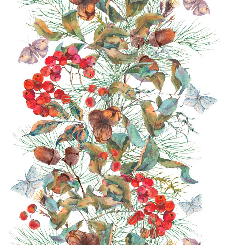 Frontera inconsútil del otoño del vintage de la acuarela con las ramas del serbal libre illustration Frontera inconsútil del otoño del vintage de la acuarela con las ramas del serbal libre illustration