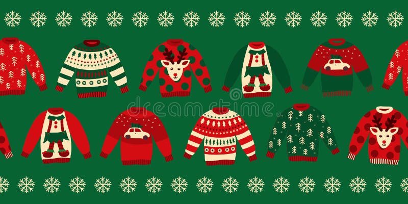 Ugly Christmas sweaters seamless vector border. Knitted winter jumpers with norwegian ornaments and decorations. Holiday design green, red, white for party invitation, banner, greeting cards, posters. Ugly Christmas sweaters seamless vector border. Knitted winter jumpers with norwegian ornaments and decorations. Holiday design green, red, white for party invitation, banner, greeting cards, posters