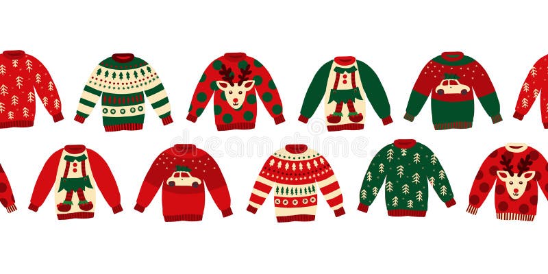 Ugly Christmas sweaters seamless vector border. Knitted winter jumpers with norwegian ornaments and decorations. Holiday design green, red, white for party invitation, banner, greeting cards, posters. Ugly Christmas sweaters seamless vector border. Knitted winter jumpers with norwegian ornaments and decorations. Holiday design green, red, white for party invitation, banner, greeting cards, posters