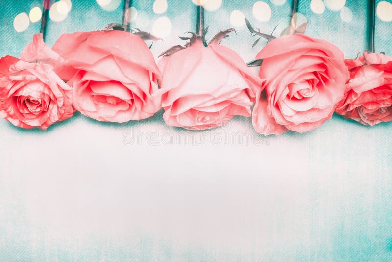 Frontera romántica hermosa de las rosas en fondo azul con el bokeh en color en colores pastel fotografía de archivo libre de regalías Frontera romántica hermosa de las rosas en fondo azul con el bokeh en color en colores pastel fotografía de archivo libre de regalías