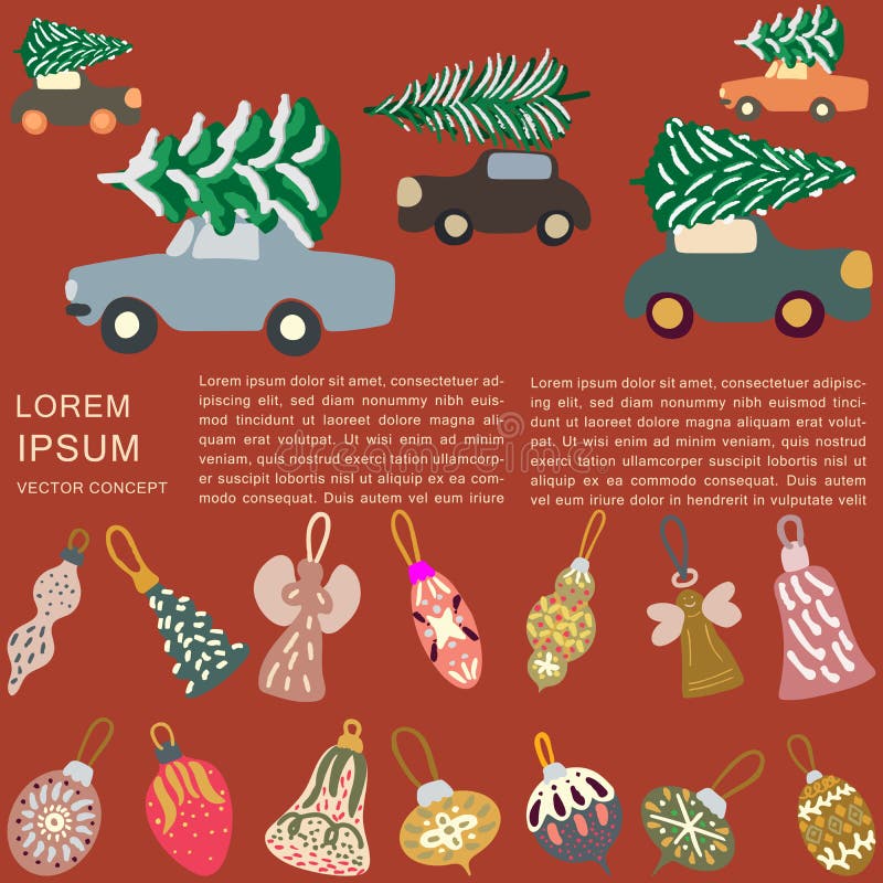 Frontière avec des voitures livrant des arbres et des décorations de Noël sur le fond brun illustration stock Frontière avec des voitures livrant des arbres et des décorations de Noël sur le fond brun illustration stock