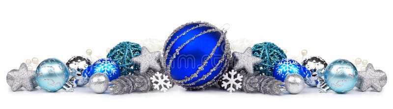 Christmas border of blue and silver ornaments on a white background. Christmas border of blue and silver ornaments on a white background