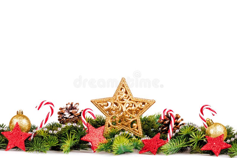 Frontière de Noël - grande étoile avec l'arbre et décoration d'isolement sur le blanc images stock Frontière de Noël - grande étoile avec l'arbre et décoration d'isolement sur le blanc images stock