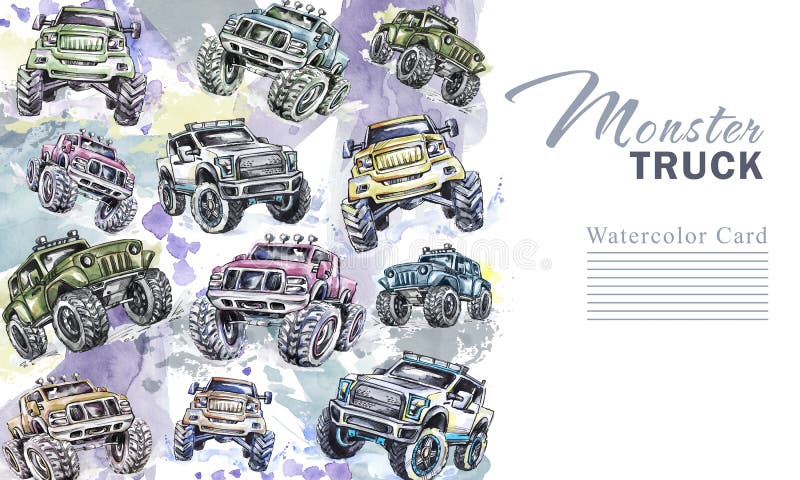 Frontière de verticale de voitures d'aquarelle Cadre de camions de monstre de bande dessinée Fond extrême coloré de sports 4x4 Ou illustration de vecteur Frontière de verticale de voitures d'aquarelle Cadre de camions de monstre de bande dessinée Fond extrême coloré de sports 4x4 Ou illustration de vecteur