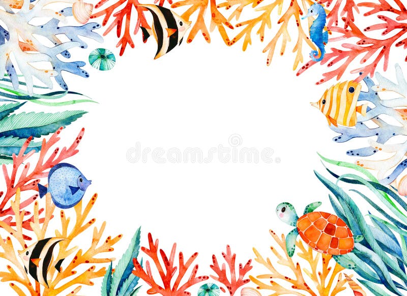 Frontière océanique de cadre d'aquarelle avec la tortue mignonne, algue, récif coralien, poissons, hippocampe illustration stock Frontière océanique de cadre d'aquarelle avec la tortue mignonne, algue, récif coralien, poissons, hippocampe illustration stock