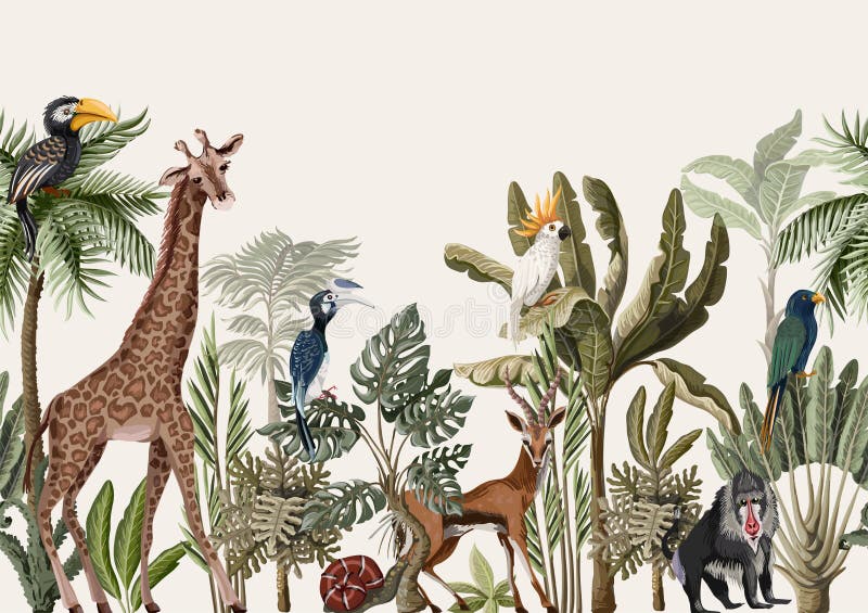 Frontière sans couture avec l'arbre tropical tel que des animaux de paume, de banane et de jungle Vecteur Frontière sans couture avec l'arbre tropical tel que des animaux de paume, de banane et de jungle Vecteur