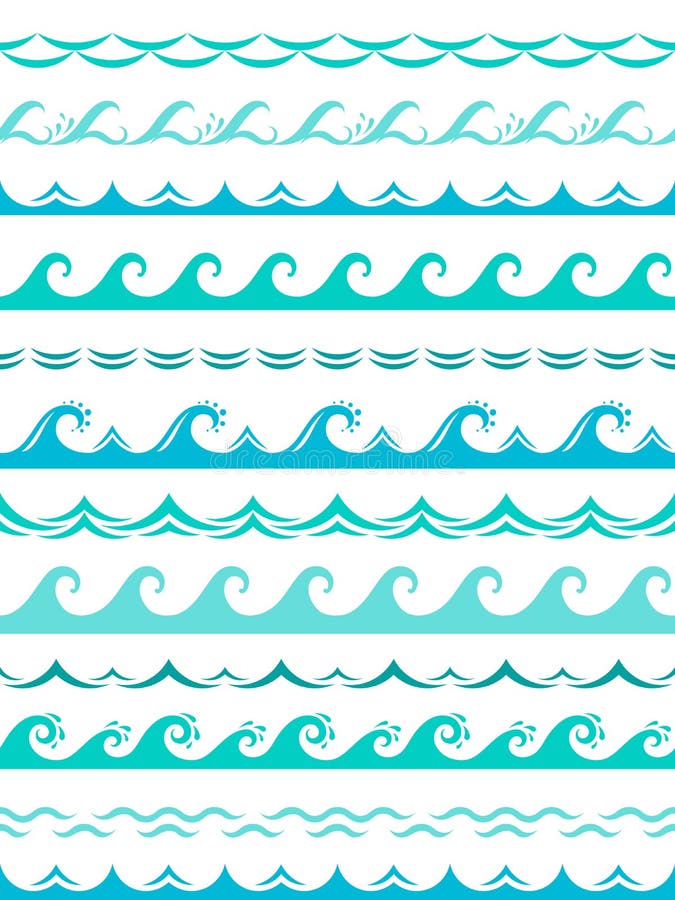 Frontières de vague de mer Vecteur horizontal de cadre d'océan de tempête de vagues de l'eau bleue d'éclaboussure d'éléments exté illustration stock