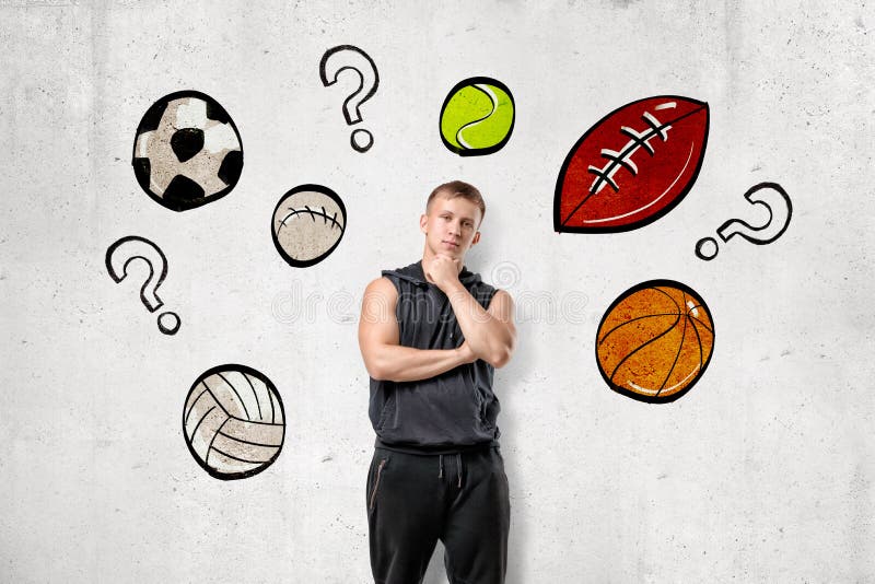 Frontowy widok młody człowiek w sleeveless hoody pozycji z ręki nacierania podbródkiem przy ścianą z rysunkami różny sport ilustracji Frontowy widok młody człowiek w sleeveless hoody pozycji z ręki nacierania podbródkiem przy ścianą z rysunkami różny sport ilustracji