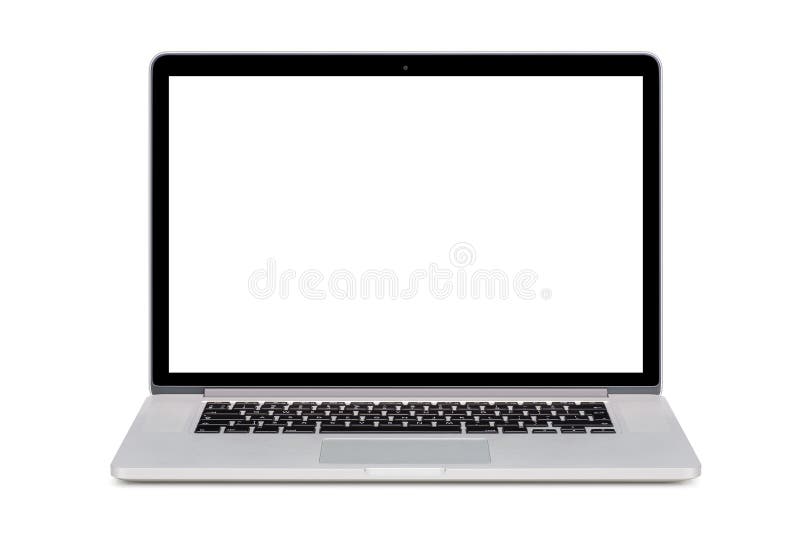 Frontowy widok nowożytny laptop z białym ekranem i angielszczyzny fotografia royalty free