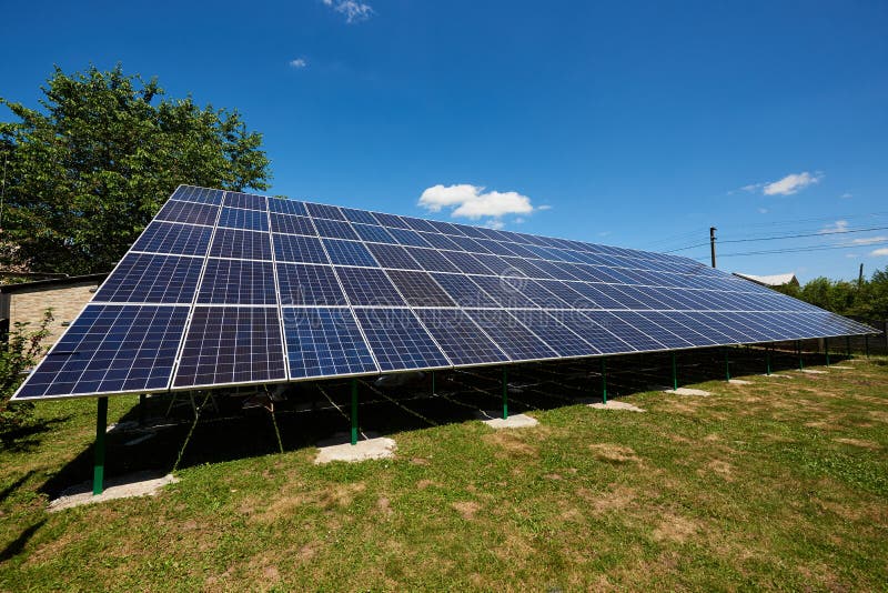 Frontview of Big Solar Panels Installed on Outdoors Opened Space. Stock Photo Image of