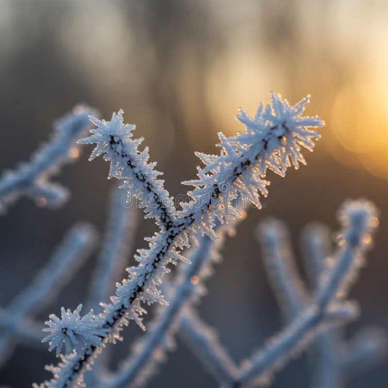 Frost-covered branches are depicted with intricate ice crystals radiating outward. vector illustration