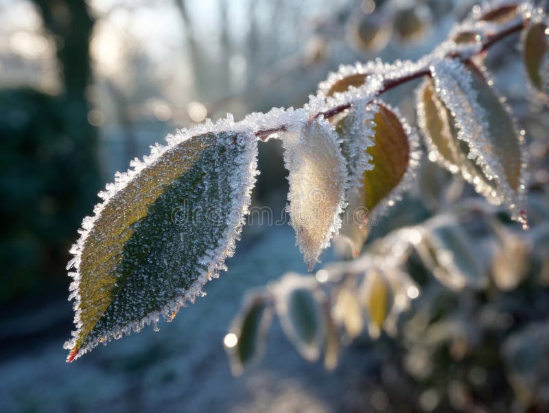 Frost täckta blad i morgonens solljus stock illustrationer