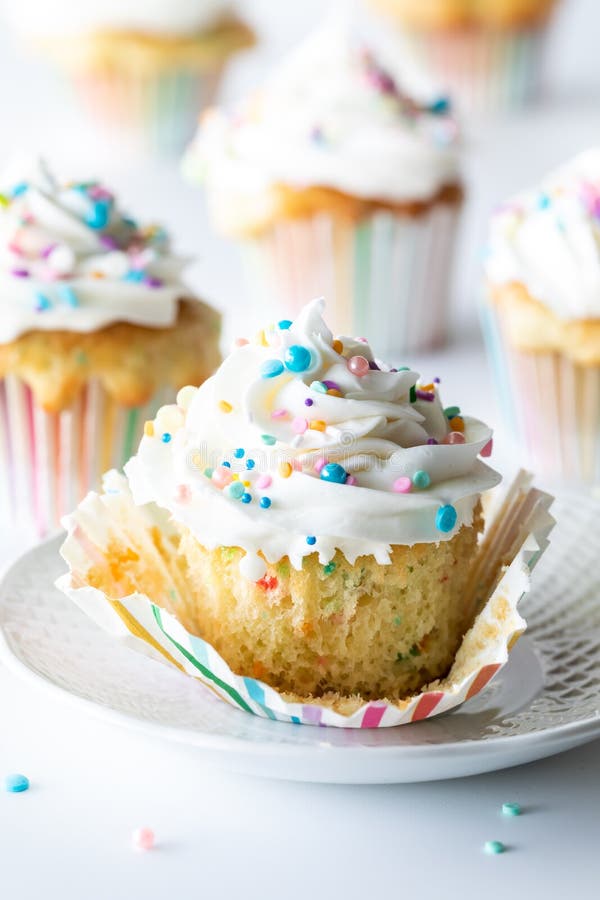 Frosted Confetti Cupcake Unwrapped Exposing Inside of the Cupcake