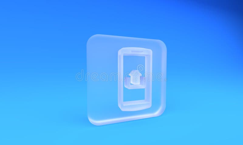 Frosted glass Smartphone with upload icon isolated on blue background. Square frosted glass button. 3D render royalty free illustration