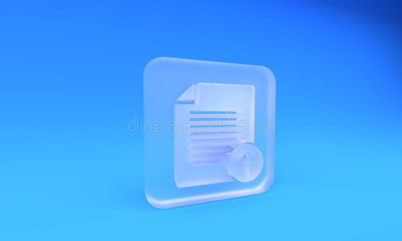 Frosted glass Upload file icon isolated on blue background. File document symbol. Document arrow. Square frosted glass stock illustration