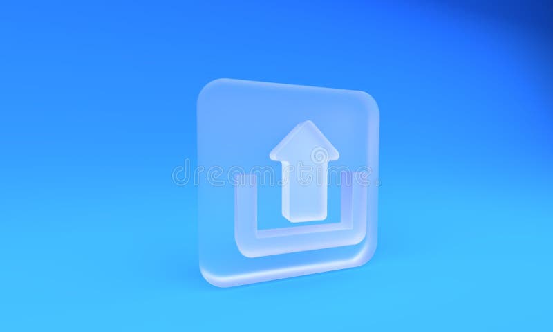 Frosted glass Upload icon isolated on blue background. Up arrow. Square frosted glass button. 3D render illustration royalty free illustration
