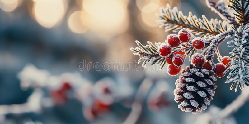 Frosted pine cone and red berries on evergreen branch stock illustration