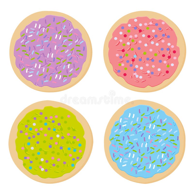 Frosted sugar cookies, Set Italian Freshly baked cookies with pink violet blue green frosting and colorful sprinkles. Bright color