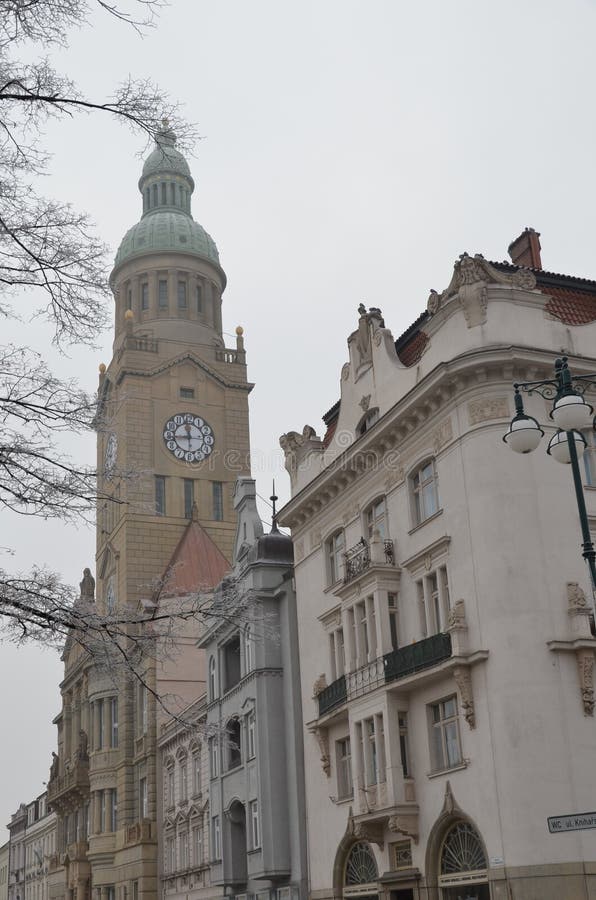 Frosted tree and historic Hall in Prostejov