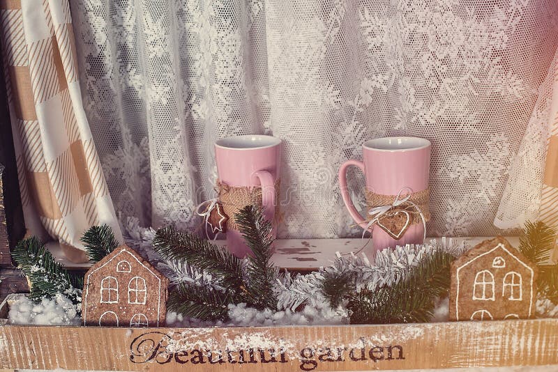 Frosted Window with Christmas Decoration Stock Photo Image of