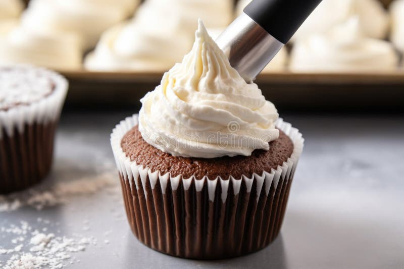 Frosting a chocolate cupcake with a spatula, created with generative ai. Frosting spatula illustrations