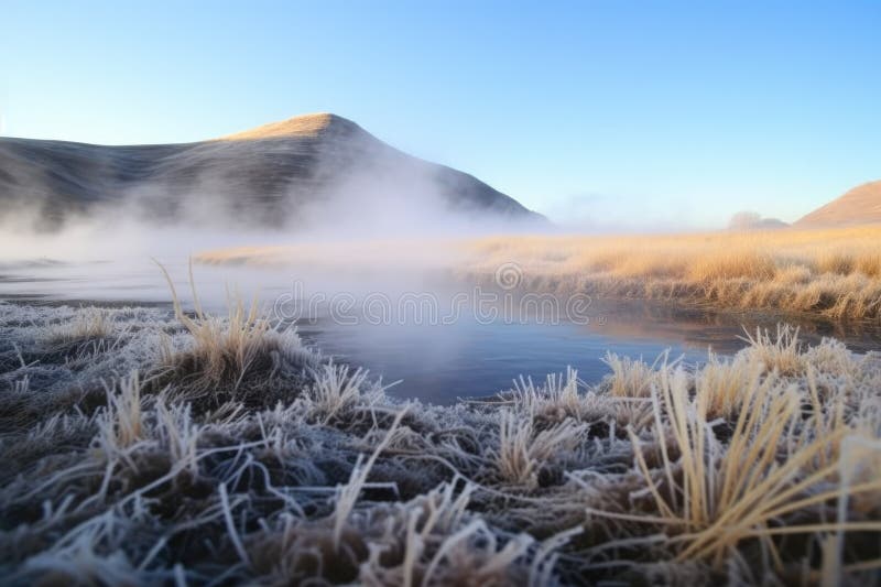 Frosty grass next to steamy hot spring, created with generative ai AI generated