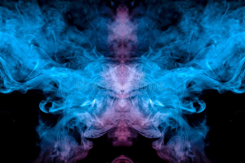 Frosty pattern of evaporating vape smoke on a dark background in the form of a ghostly image of a neon blue and violet head