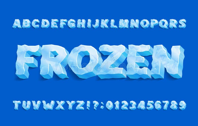 Frozen alphabet font. 3D ice letters and numbers with shadow.