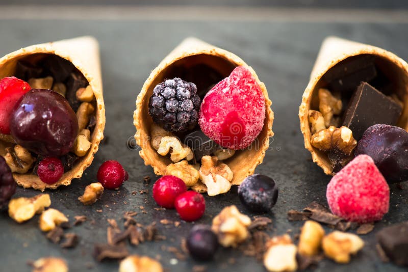Frozen Berries, Walnuts, Chocolate and Waffle Cone Stock Image Image of blueberry, summer