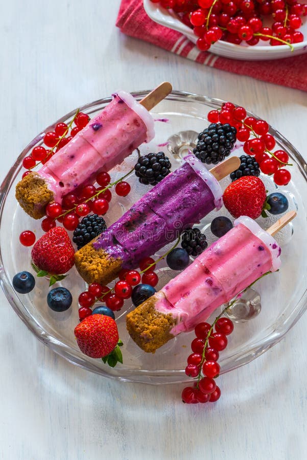 Frozen Berry and Ginger Nut Yogurt Lolly Pops Stock Image Image of