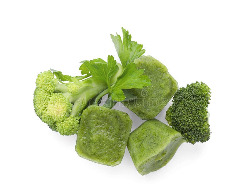 Frozen Broccoli Puree Cubes and Fresh Broccoli Isolated on White, Top