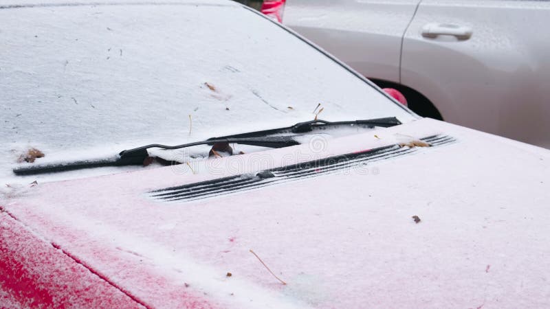 Frozen car covered snow at winter day, view front window windshield and hood. stock video footage
