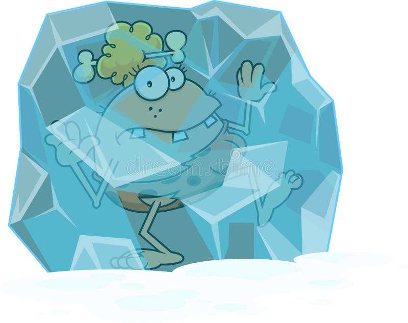 Frozen CaveWoman Cartoon Character in a Block of Ice Stock Vector