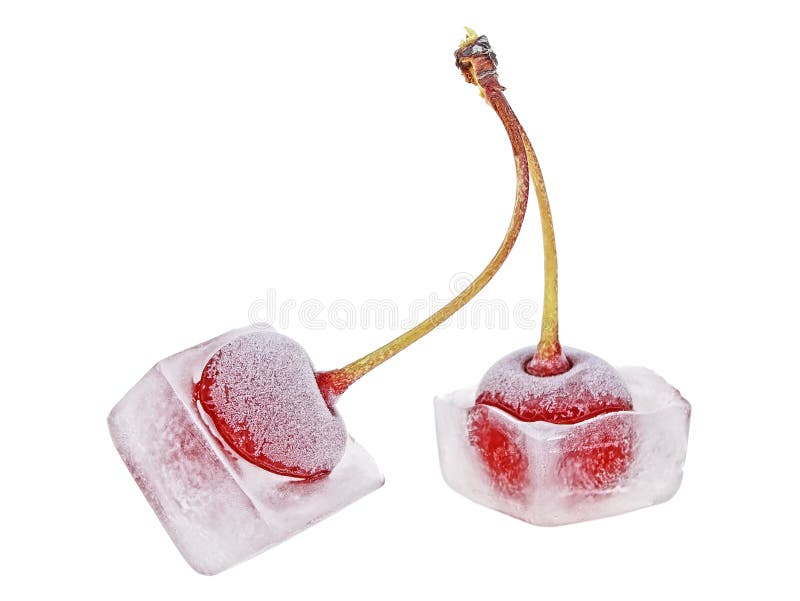 Frozen Cherries. Cherries in Ice Cubes Isolated on White Background