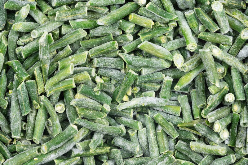Frozen Chopped Green String Beans Texture Background. Iced Beans Background for Food Textures