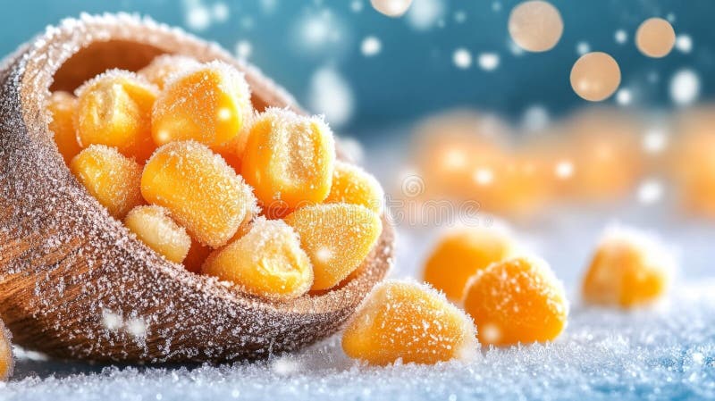 Frozen Corn Kernels Covered with a Layer of Snow or Sugar in a Wooden ...