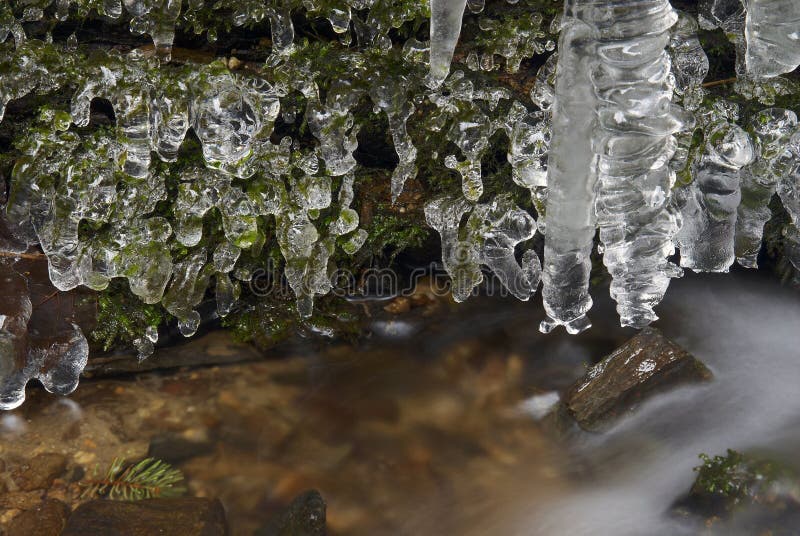 Frozen creek and icicles