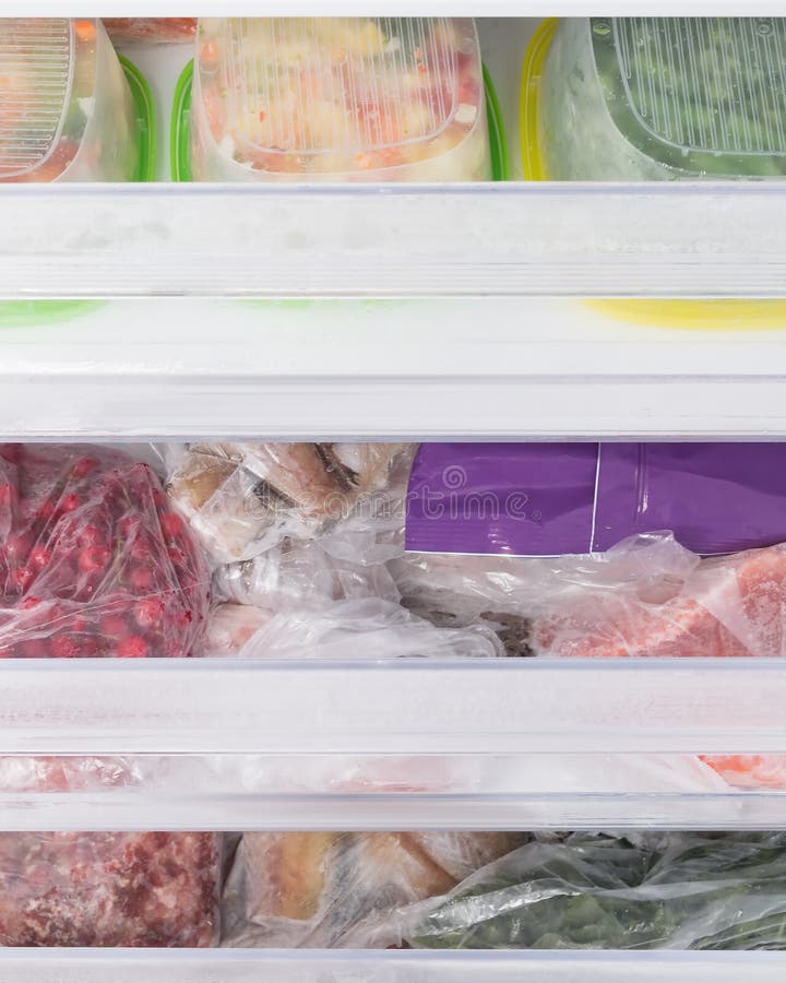 Frozen Food in Freezer Drawers, Top View Stock Photo Image of pack