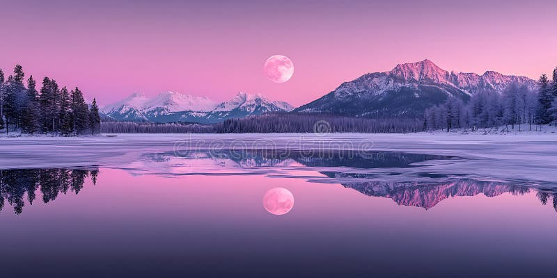 Frozen Lake Reflecting a Beautiful Pink Sky Wallpaper Background vector illustration