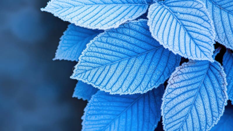 The image presents a close-up view of a cluster of vibrant blue leaves, possibly belonging to a plant. The leaves are arranged in a somewhat circular pattern, with some overlapping each other. The leaves exhibit a textured surface, with visible veins and a slightly fuzzy or frosted appearance. The background is a blurred blue, providing a contrast that accentuates the vivid blue of the leaves. The image is captured from a slightly elevated angle, offering a detailed view of the leaves and their intricate features. Fuzzy surface stock images, royalty-free photos and pictures