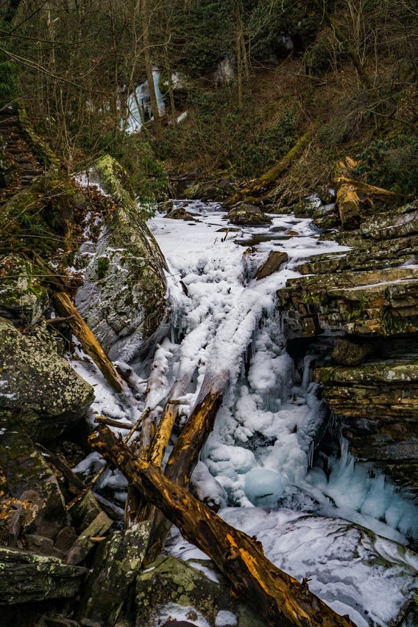 Frozen Little Stony Creek and Debris. Frozen Little Stony Creek and high-water debris located below the Cascade Falls, Jefferson National Forest, Giles County stock images Frozen Little Stony Creek and Debris. Frozen Little Stony Creek and high-water debris located below the Cascade Falls, Jefferson National Forest, Giles County stock images