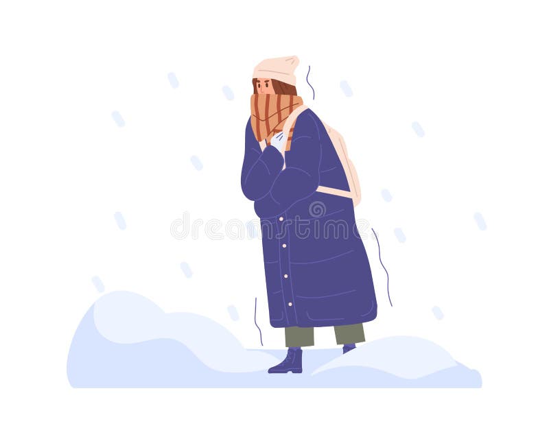 Frozen person walking in cold winter weather with heavy snow and snowflakes. Woman wrapped in scarf freezing and